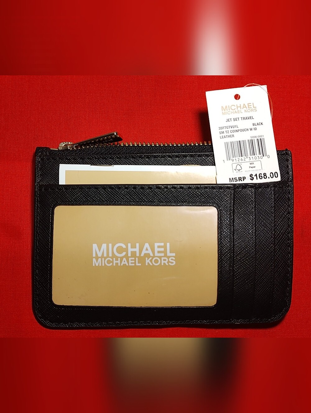 Michael Kors Jet Set Travel Small Leather Top Zip Coin Pouch With ID Black Gold